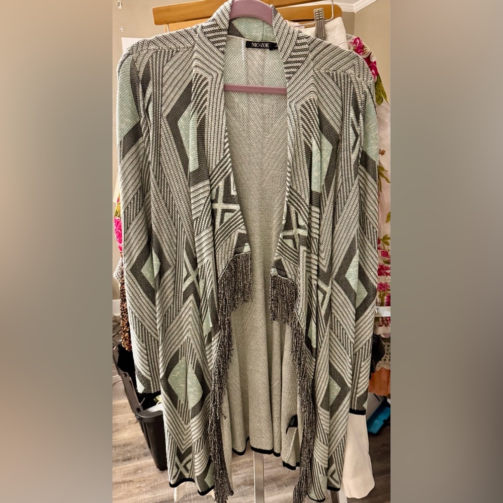 NIC+ZOE‎ NWT Cardigan Large Geometric Fringe Open Front Drape Jacket